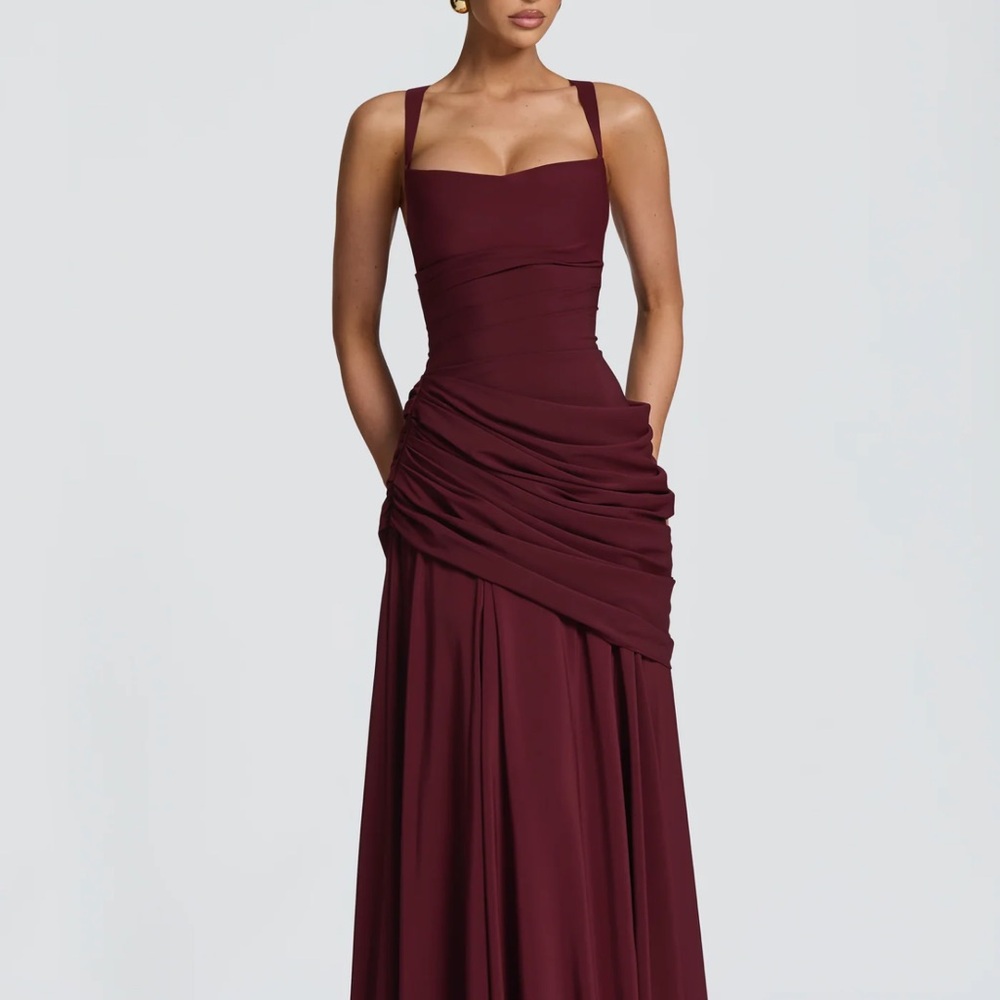 Ruched Burgundy Maxi Dress with Supportive Straps